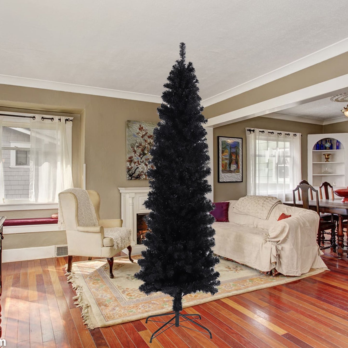 Arbre de Noël artificiel noir slim de 7,5 pieds avec support en métal pliable - Décor de vacances unique pour les petits espaces 2024