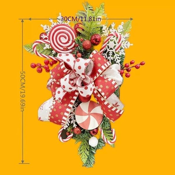 Couronne en forme de goutte de Noël de 19,7 pouces – Rouge festif avec décorations en bonbons et bouquets de baies, idéale pour la porte d'entrée, décorations de fête 2024