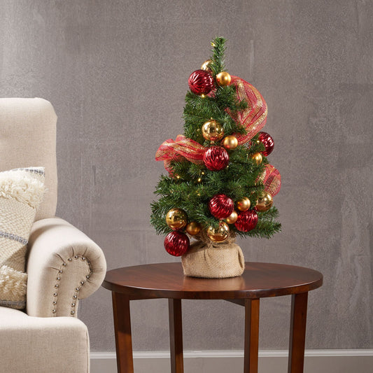 2' Arbre de Noël en jute rouge et or avec 50 lumières LED blanches chaudes - Décor de vacances à piles pour une ambiance festive 2024