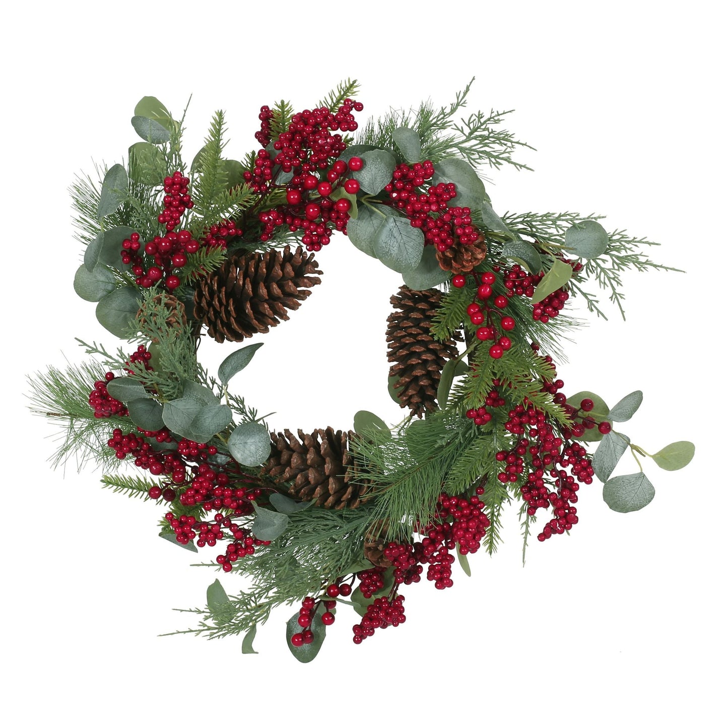 Couronne de 22 pouces en Eucalyptus & Baies avec Pignes – Décor Rustique Naturel pour Porte d'Entrée, Noël 2024