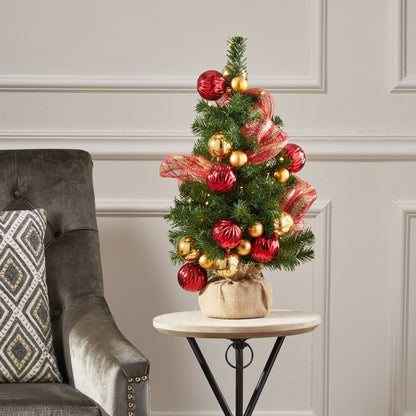 2' Arbre de Noël en jute rouge et or avec 50 lumières LED blanches chaudes - Décor de vacances à piles pour une ambiance festive 2024