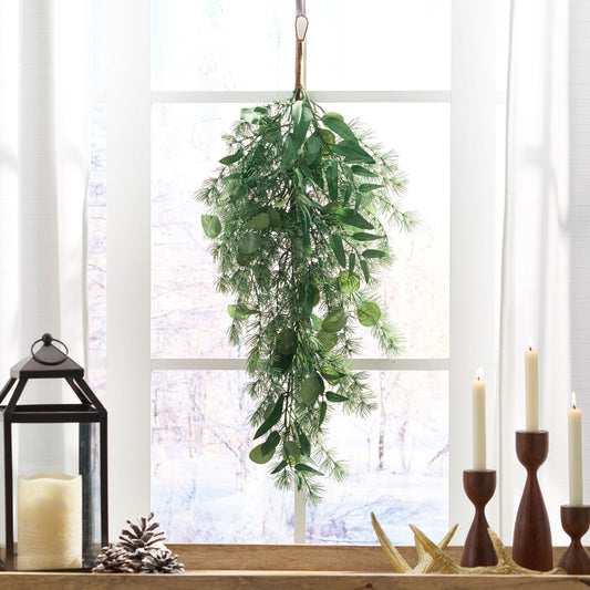 Couronne en forme de goutte d'eau en feuilles vertes luxuriantes de 32,5 pouces - Accent décoratif léger pour la maison, décoration de vacances 2024