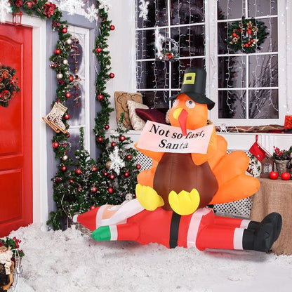 Dinde gonflable drôle de 4,9 pieds sur le Père Noël – Décoration extérieure éclairée par LED pour pelouse et jardin, Noël 2024