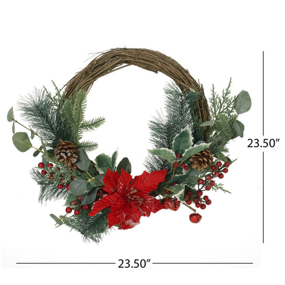 Couronne de Noël Poinsettia & Eucalyptus de 23,5 pouces – Baies rouges vives, parfaite pour la porte d'entrée, décoration de Noël 2024