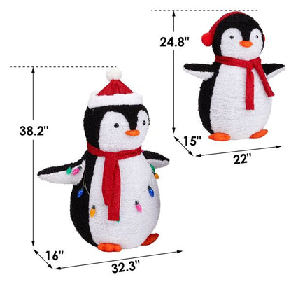Charmant paquet de 2 décorations de jardin en peluche pingouin illuminées avec 150 LEDs blanc chaud et lumières multicolores – Parfait pour la joie des fêtes en intérieur et en extérieur