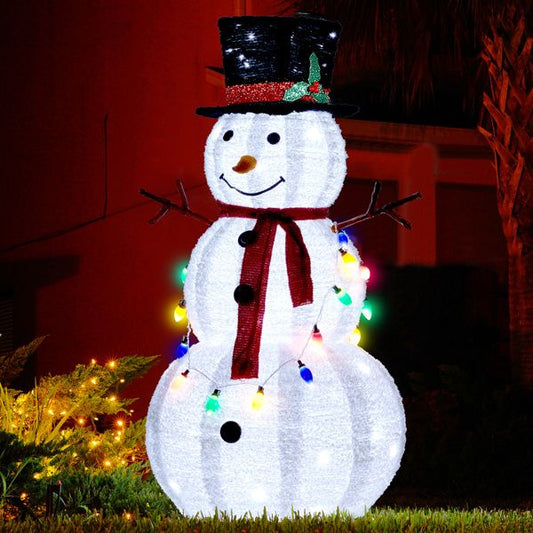 Décoration de bonhomme de neige lumineux LED de 4 pieds – personnage en peluche de pays des merveilles d'hiver avec 100 lumières blanches et guirlande multicolore, décor de Noël d'intérieur/extérieur 2024