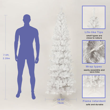 Arbre de Noël artificiel mince blanc de 7,5 pieds avec support en métal pliable – Parfait pour les petits espaces et la décoration des fêtes 2024