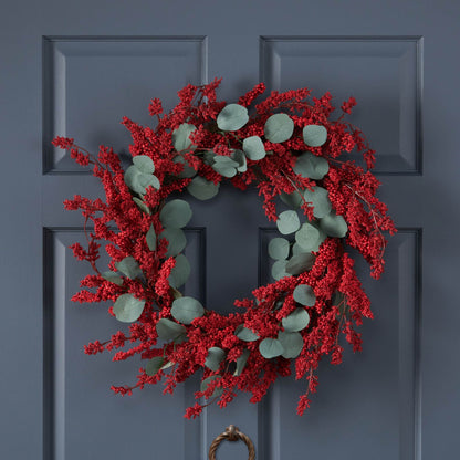 Couronne légère en eucalyptus et baies de 29 pouces – Décor festif pour porte d'entrée, Noël 2024