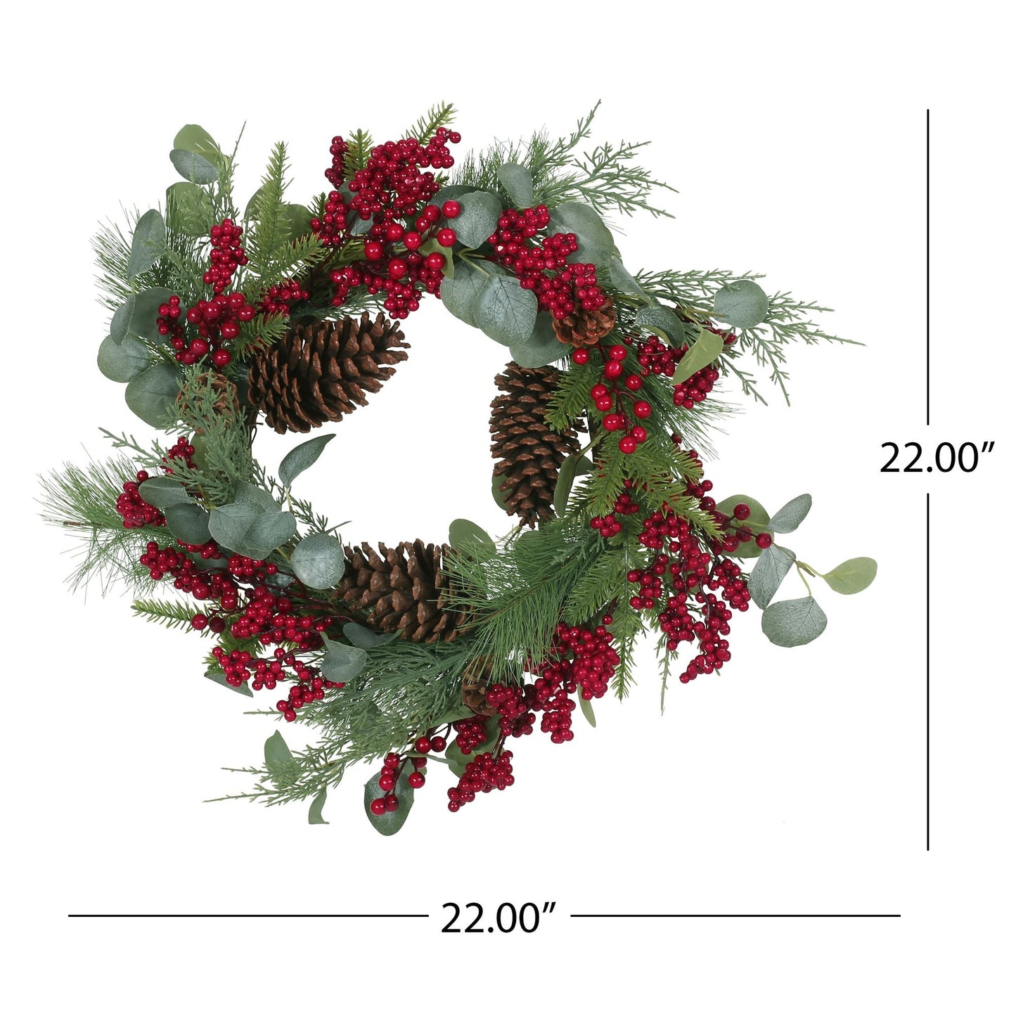 Couronne de 22 pouces en Eucalyptus & Baies avec Pignes – Décor Rustique Naturel pour Porte d'Entrée, Noël 2024