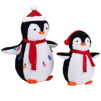 Charmant paquet de 2 décorations de jardin en peluche pingouin illuminées avec 150 LEDs blanc chaud et lumières multicolores – Parfait pour la joie des fêtes en intérieur et en extérieur