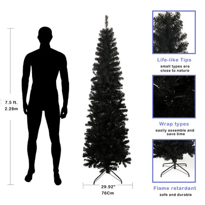 Arbre de Noël artificiel noir slim de 7,5 pieds avec support en métal pliable - Décor de vacances unique pour les petits espaces 2024