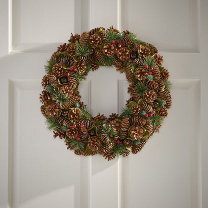 Couronne de Noël en cônes de pin naturels – Décor scintillant de 18,5 pouces pour porte d'entrée, Décor de vacances 2024