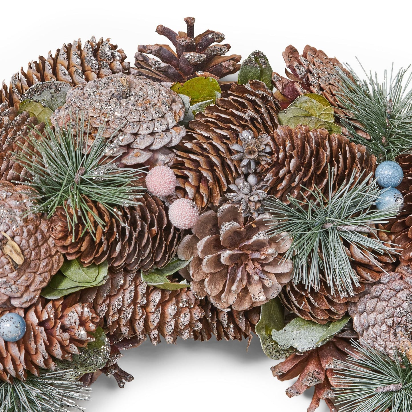 Couronne de Noël en pomme de pin naturelle – Accent en paillettes de 18,5 pouces, parfaite pour la décoration de porte d'entrée, vacances 2024