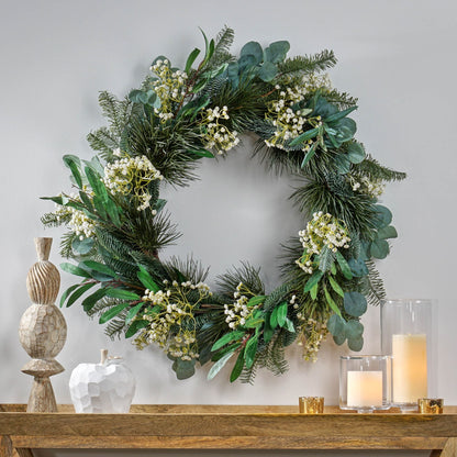 Couronne de Feuilles d'Eucalyptus et de Branches de Pin – Design Étoiles Rustiques de 30 pouces, Parfaite pour la Porte d'Entrée, Décor de Noël 2024