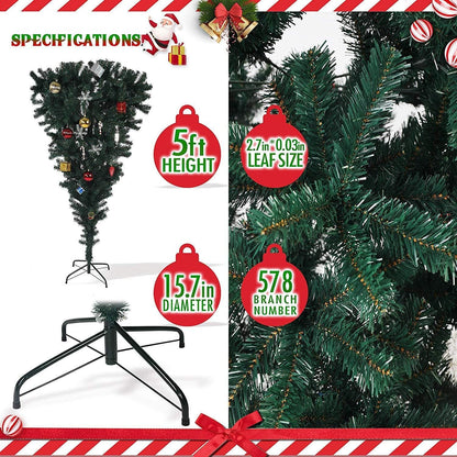 5,5 pieds arbre de Noël artificiel inversé avec support en métal robuste - Décoration de vacances unique pour la maison et le bureau 2024