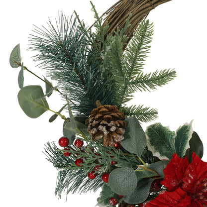 Couronne de Noël Poinsettia & Eucalyptus de 23,5 pouces – Baies rouges vives, parfaite pour la porte d'entrée, décoration de Noël 2024