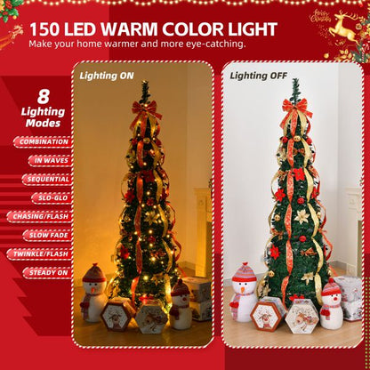 Arbre de Noël artificiel pré-éclairé de 6 pieds avec ornements rouges et dorés - Décor de vacances entièrement décoré pour la maison et le bureau 2024