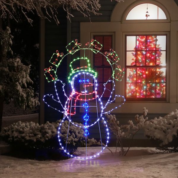 Bonhomme de neige jongleur animé de 5 pieds – Éclairé avec 358 lumières LED multicolores, décoration de vacances d'intérieur/extérieure 2024