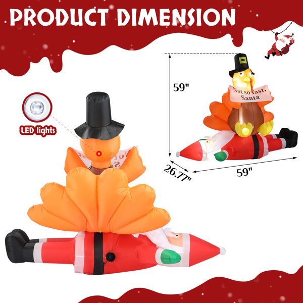 Dinde gonflable drôle de 4,9 pieds sur le Père Noël – Décoration extérieure éclairée par LED pour pelouse et jardin, Noël 2024