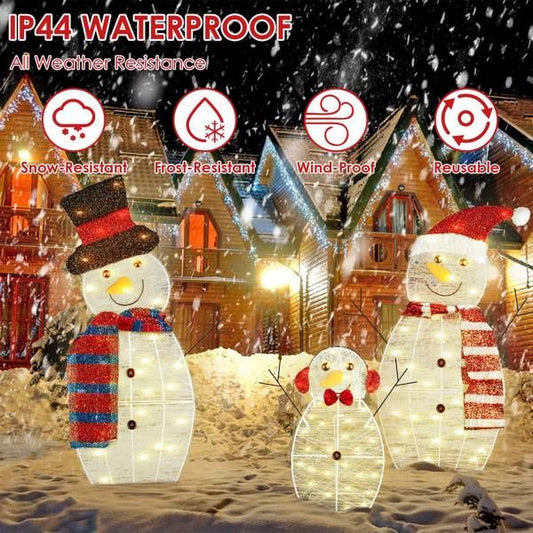 Décorations de famille bonhomme de neige illuminées par LED 30 pouces en 3 pièces – Adorable décor d'hiver en 2D pour l'extérieur, parfait pour la pelouse et la joie des fêtes 2024