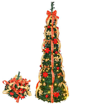 Arbre de Noël artificiel pré-éclairé de 6 pieds avec ornements rouges et dorés - Décor de vacances entièrement décoré pour la maison et le bureau 2024