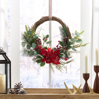 Couronne de Noël Poinsettia & Eucalyptus de 23,5 pouces – Baies rouges vives, parfaite pour la porte d'entrée, décoration de Noël 2024