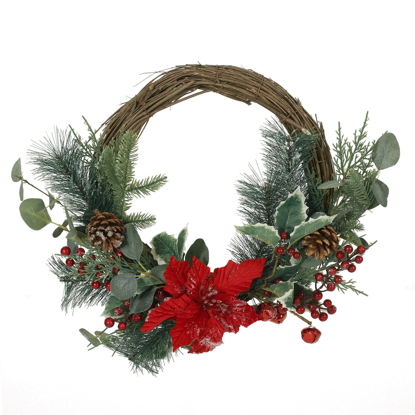 Couronne de Noël Poinsettia & Eucalyptus de 23,5 pouces – Baies rouges vives, parfaite pour la porte d'entrée, décoration de Noël 2024