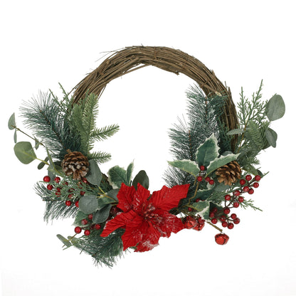 Couronne de Noël Poinsettia & Eucalyptus de 23,5 pouces – Baies rouges vives, parfaite pour la porte d'entrée, décoration de Noël 2024
