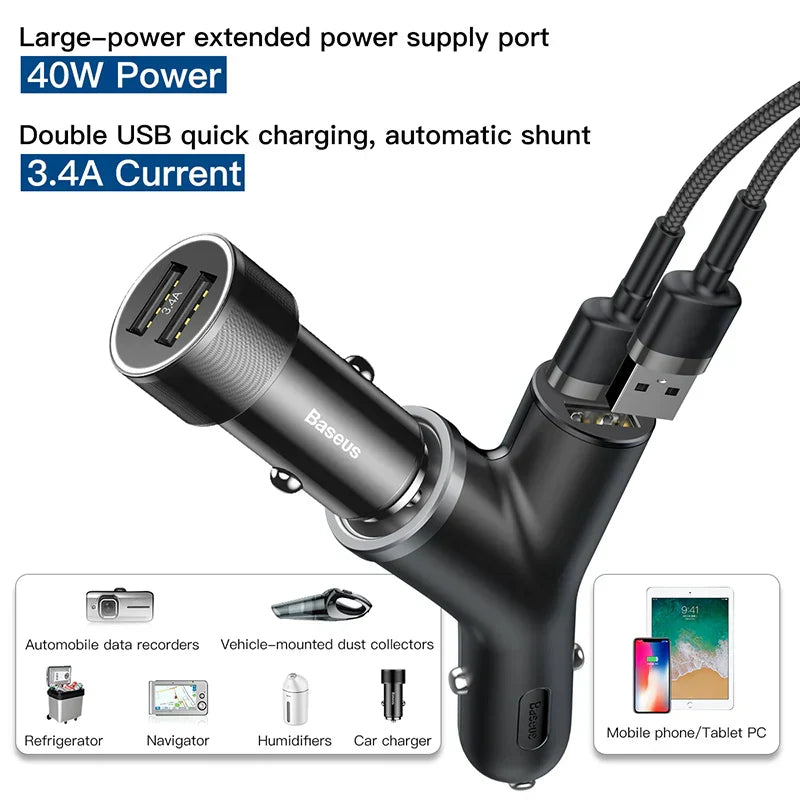 Baseus 40W 2-Port Charge Rapide Prise de Voiture - USB A Alimentation Livraison PD Chargeur de Téléphone Plug