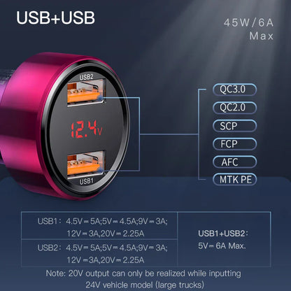 Baseus 45W 2-Port Charge Rapide Prise de Voiture - USB A / Type C Alimentation Livraison PD Chargeur de Téléphone Plug
