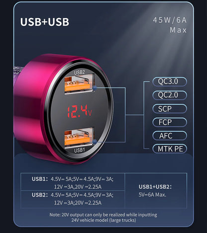 Baseus 45W 2-Port Charge Rapide Prise de Voiture - USB A / Type C Alimentation Livraison PD Chargeur de Téléphone Plug