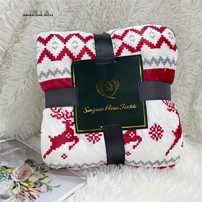 Couverture Sherpa de Noël - Douce couverture en polaire peluche avec motif de rennes et flocons de neige