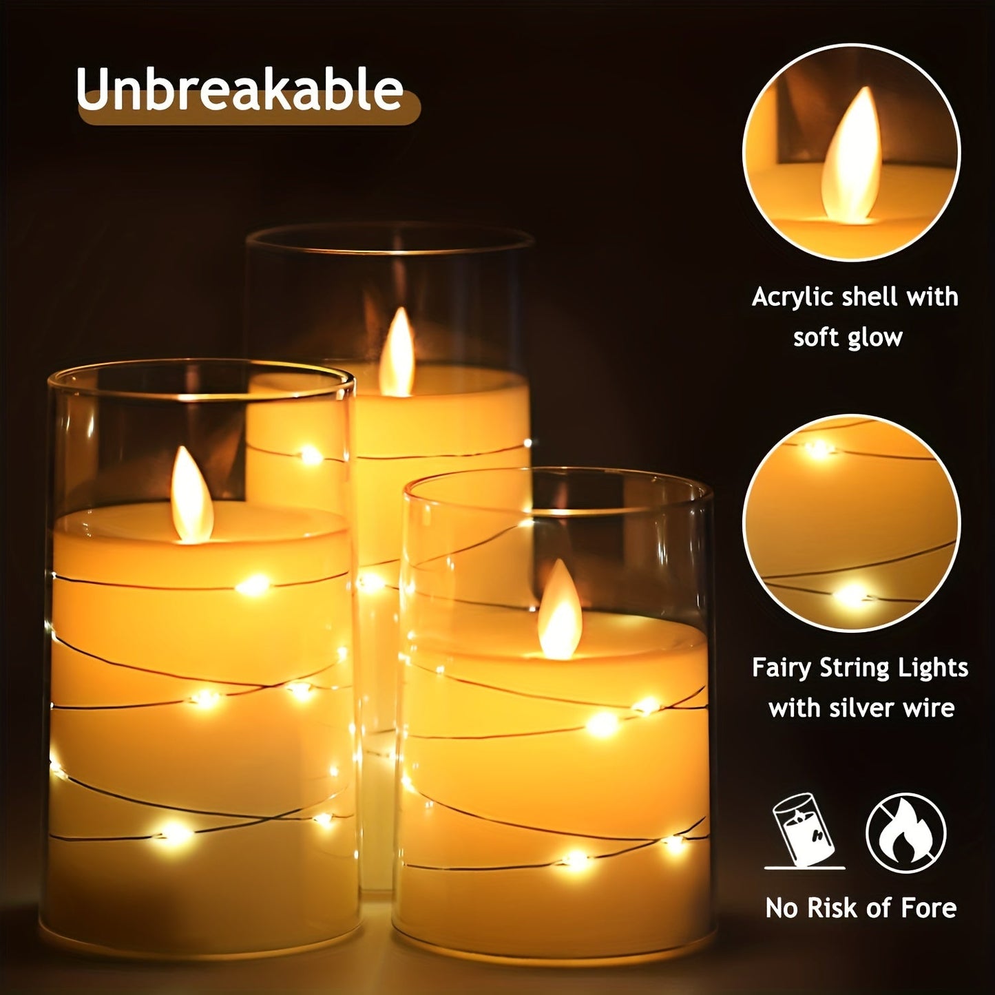 Bougies LED romantiques 3 pièces avec télécommande - Luminosité réglable et fonction de minuterie, idéales pour les soirées, les mariages et la décoration d'hôtel