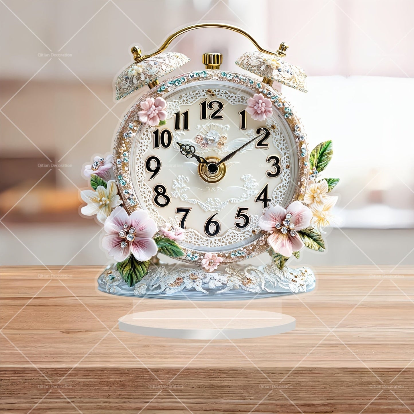 GlamTime Horloge - Luxe Acrylique Fleurs Réveil avec Pierres Précieuses