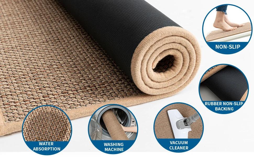 Faux tissé lavable antidérapant coureur de cuisine │ Faux tapis de sisal
