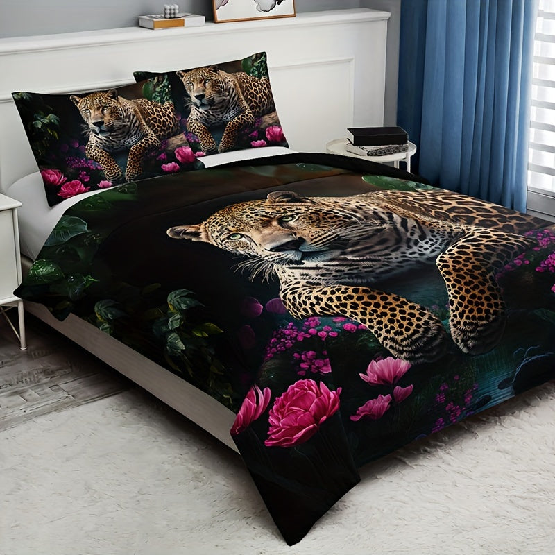 Ensemble de literie à imprimé animal luxueux avec motif de roses - 3 pièces