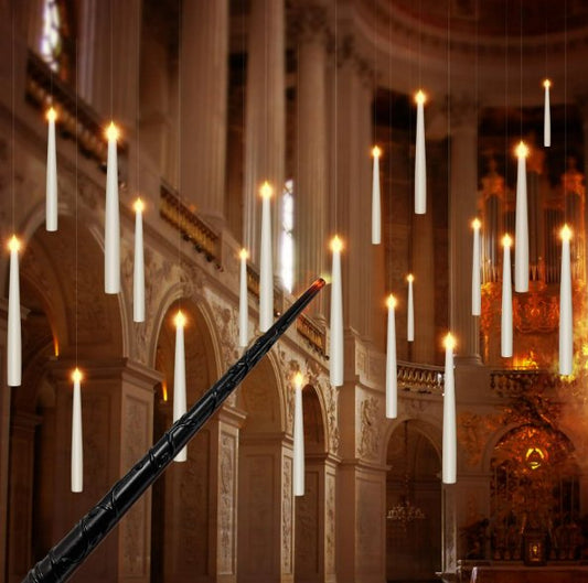 Bougies flottantes avec baguette magique - Bougies suspendues sans flamme vacillantes pour Noël, Halloween, fêtes d'anniversaire, décoration intérieure et cadeaux