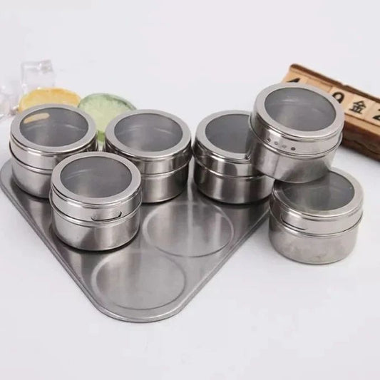 Bocaux d'épices ronds en acier magnétique - 6 pièces