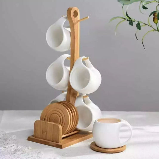 6Pc Tasses en céramique avec support en bois et 6 sous-verres