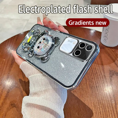 Coque scintillante luxueuse en métal avec support de support ours en peluche mignon pour VIVO V30 Pro Coque en silicone souple anti-chocs TPU