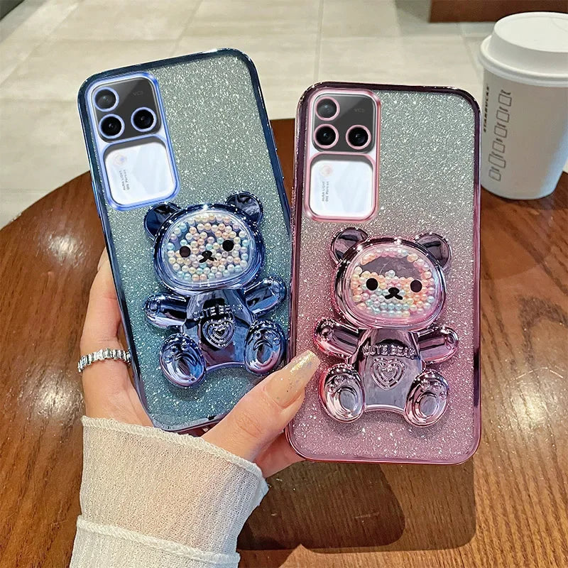 Coque scintillante luxueuse en métal avec support de support ours en peluche mignon pour VIVO V30 Pro Coque en silicone souple anti-chocs TPU