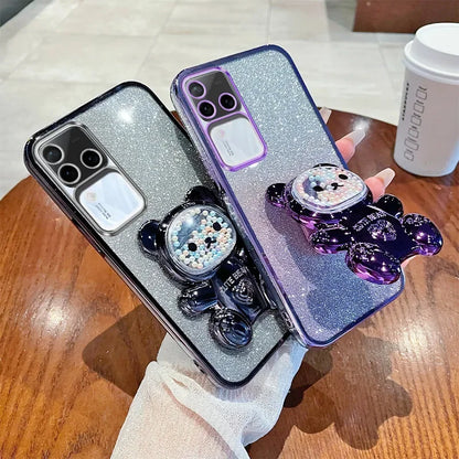 Coque scintillante luxueuse en métal avec support de support ours en peluche mignon pour VIVO V30 Pro Coque en silicone souple anti-chocs TPU