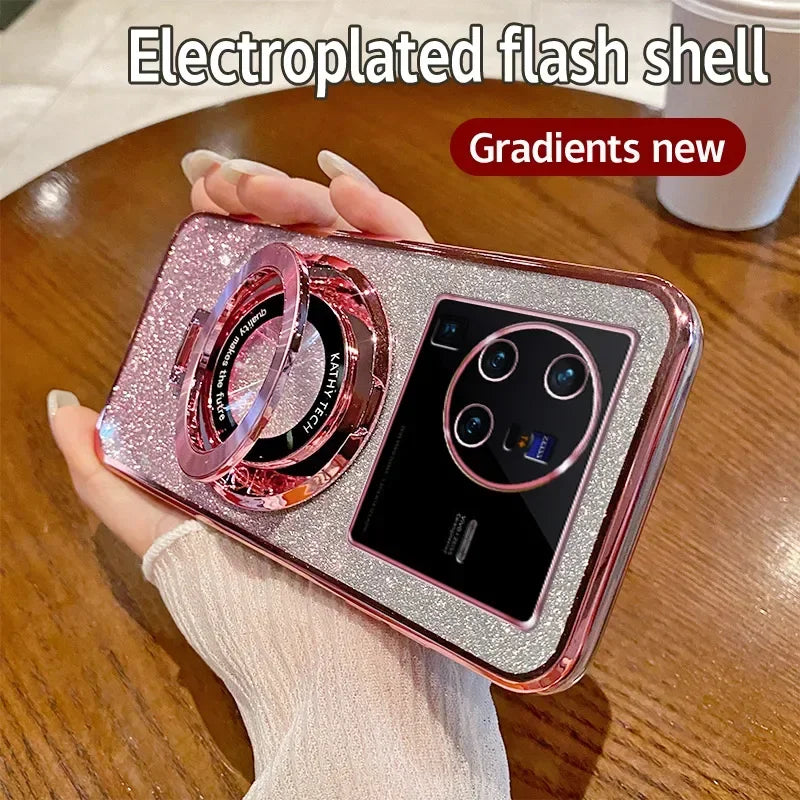 Coque en glitter avec finition MagSafe de luxe et support à anneau pour VIVO X80 Pro Charge sans fil magnétique Coque TPU
