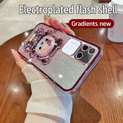 Coque scintillante luxueuse en métal avec support de support ours en peluche mignon pour VIVO V30 Pro Coque en silicone souple anti-chocs TPU