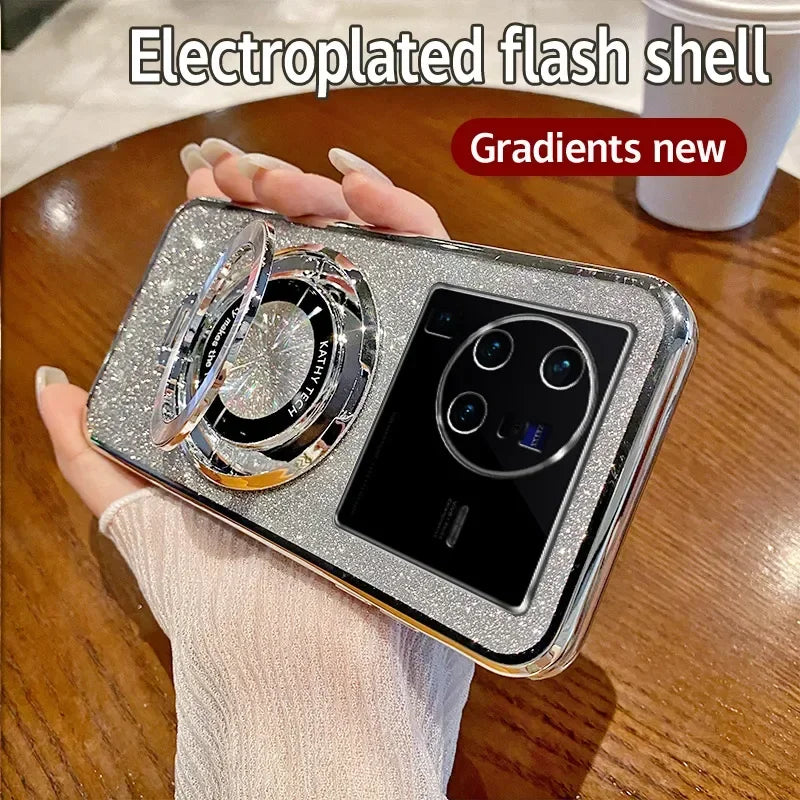 Coque en glitter avec finition MagSafe de luxe et support à anneau pour VIVO X80 Pro Charge sans fil magnétique Coque TPU