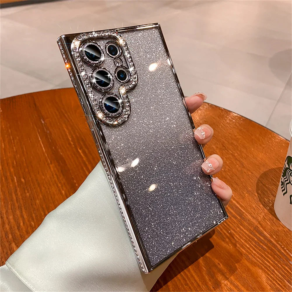 Coque de téléphone en dégradé à paillettes brillantes de luxe pour Samsung S23 S22 S24 Ultra S23 Plus A55 A35 A25 A15 A05S avec plaque en diamant en TPU