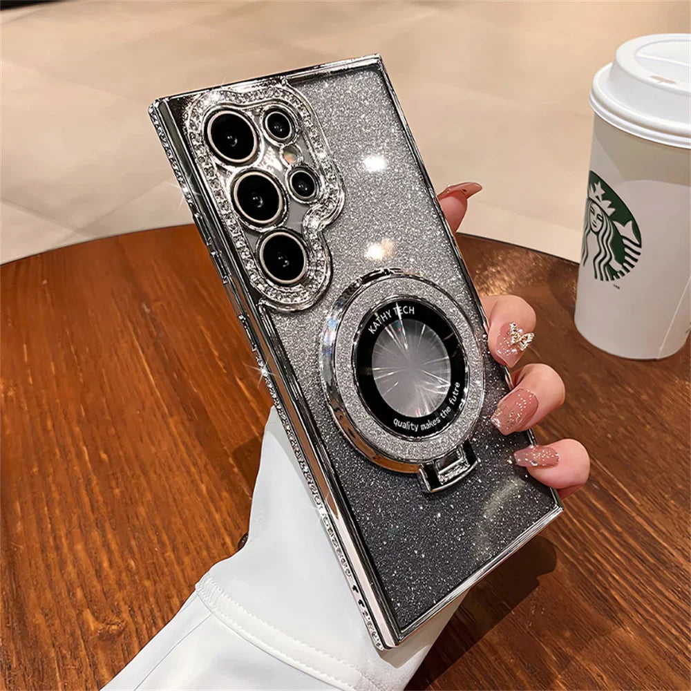 Coque en cuir étincelante MagSafe de luxe avec support anneau pour Samsung Galaxy S24 S23 Ultra S22 Plus A55 A35 A25 A15 A05S Charge sans fil Couverture en diamant