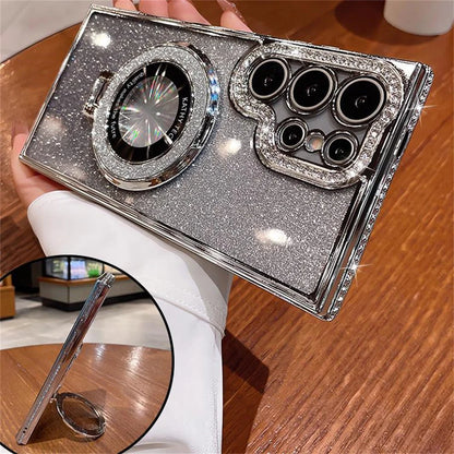 Coque en cuir étincelante MagSafe de luxe avec support anneau pour Samsung Galaxy S24 S23 Ultra S22 Plus A55 A35 A25 A15 A05S Charge sans fil Couverture en diamant