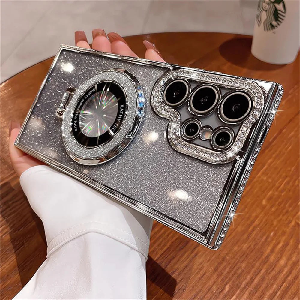 Coque en cuir étincelante MagSafe de luxe avec support anneau pour Samsung Galaxy S24 S23 Ultra S22 Plus A55 A35 A25 A15 A05S Charge sans fil Couverture en diamant