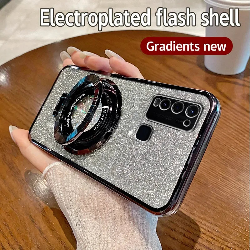 Coque Bling Glitter de Luxe MagSafe Plaqué avec Support Anneau Pour Vivo Y50 Y30 Charge Sans Fil Housse Antichoc